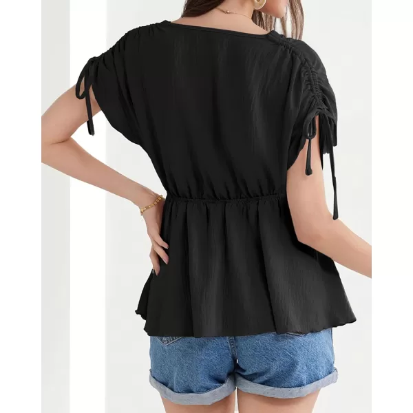 GRACE KARIN 2024 Womens Peplum Tops Elegant Drawstring Short Sleeve V Neck Dressy Casual Business Work Blouses Shirt TopsBlack