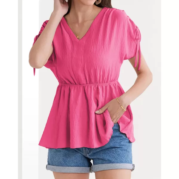 GRACE KARIN 2024 Womens Peplum Tops Elegant Drawstring Short Sleeve V Neck Dressy Casual Business Work Blouses Shirt TopsHot Pink