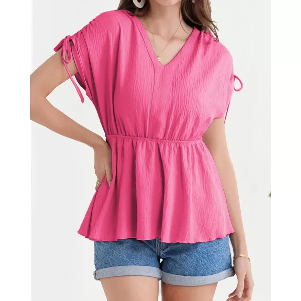 GRACE KARIN 2024 Womens Peplum Tops Elegant Drawstring Short Sleeve V Neck Dressy Casual Business Work Blouses Shirt TopsHot Pink