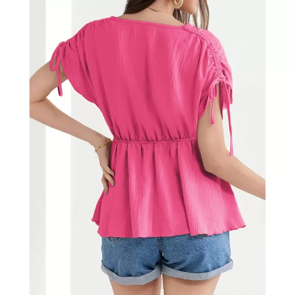 GRACE KARIN 2024 Womens Peplum Tops Elegant Drawstring Short Sleeve V Neck Dressy Casual Business Work Blouses Shirt TopsHot Pink