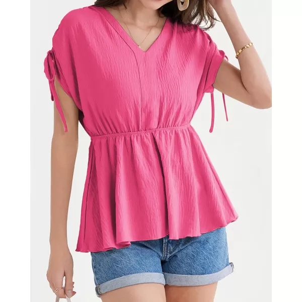 GRACE KARIN 2024 Womens Peplum Tops Elegant Drawstring Short Sleeve V Neck Dressy Casual Business Work Blouses Shirt TopsHot Pink