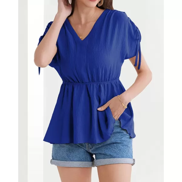 GRACE KARIN 2024 Womens Peplum Tops Elegant Drawstring Short Sleeve V Neck Dressy Casual Business Work Blouses Shirt TopsRoyal