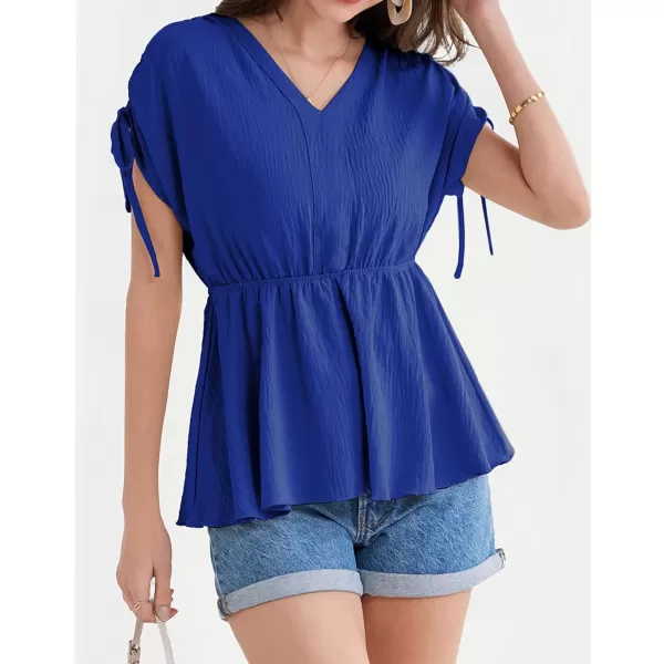 GRACE KARIN 2024 Womens Peplum Tops Elegant Drawstring Short Sleeve V Neck Dressy Casual Business Work Blouses Shirt TopsRoyal