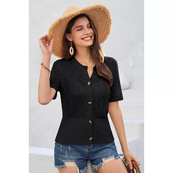 GRACE KARIN 2024 Womens Short Sleeve Cropped Cardigan Summer Lightweight Button Down Sweater Crochet Knit Bolero ShrugsBlack