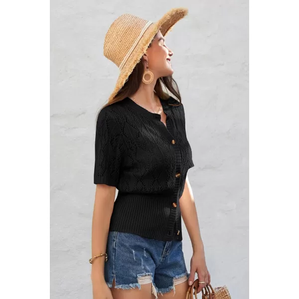 GRACE KARIN 2024 Womens Short Sleeve Cropped Cardigan Summer Lightweight Button Down Sweater Crochet Knit Bolero ShrugsBlack