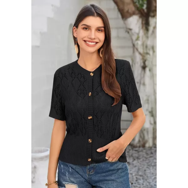 GRACE KARIN 2024 Womens Short Sleeve Cropped Cardigan Summer Lightweight Button Down Sweater Crochet Knit Bolero ShrugsBlack