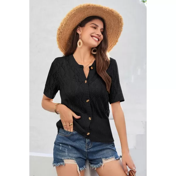 GRACE KARIN 2024 Womens Short Sleeve Cropped Cardigan Summer Lightweight Button Down Sweater Crochet Knit Bolero ShrugsBlack