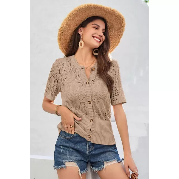 GRACE KARIN 2024 Womens Short Sleeve Cropped Cardigan Summer Lightweight Button Down Sweater Crochet Knit Bolero ShrugsKhaki