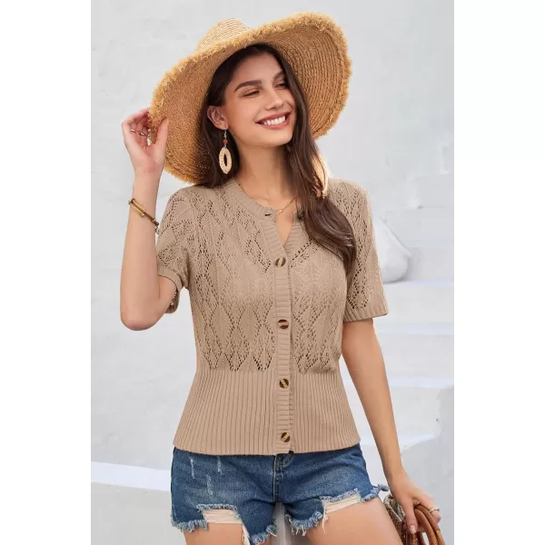 GRACE KARIN 2024 Womens Short Sleeve Cropped Cardigan Summer Lightweight Button Down Sweater Crochet Knit Bolero ShrugsKhaki