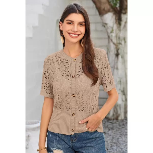 GRACE KARIN 2024 Womens Short Sleeve Cropped Cardigan Summer Lightweight Button Down Sweater Crochet Knit Bolero ShrugsKhaki