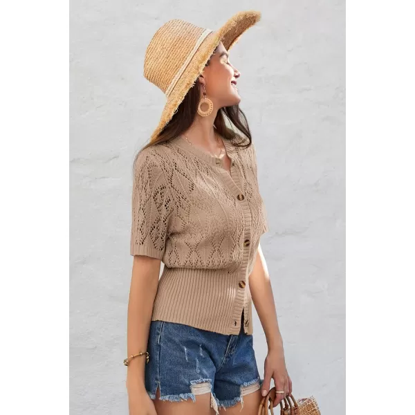 GRACE KARIN 2024 Womens Short Sleeve Cropped Cardigan Summer Lightweight Button Down Sweater Crochet Knit Bolero ShrugsKhaki