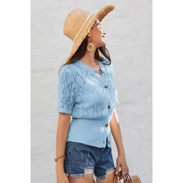 GRACE KARIN 2024 Womens Short Sleeve Cropped Cardigan Summer Lightweight Button Down Sweater Crochet Knit Bolero ShrugsLight Blue