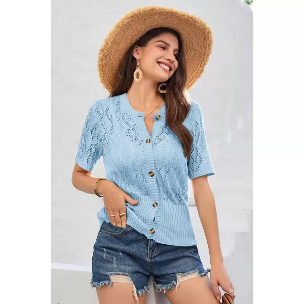 GRACE KARIN 2024 Womens Short Sleeve Cropped Cardigan Summer Lightweight Button Down Sweater Crochet Knit Bolero ShrugsLight Blue