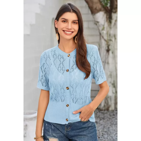 GRACE KARIN 2024 Womens Short Sleeve Cropped Cardigan Summer Lightweight Button Down Sweater Crochet Knit Bolero ShrugsLight Blue