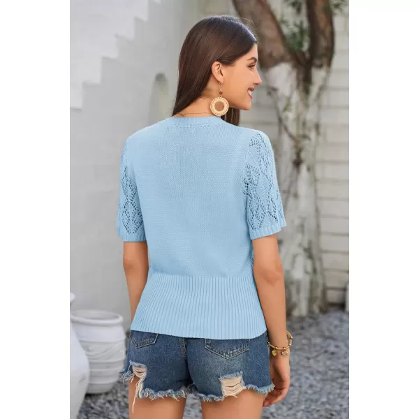 GRACE KARIN 2024 Womens Short Sleeve Cropped Cardigan Summer Lightweight Button Down Sweater Crochet Knit Bolero ShrugsLight Blue