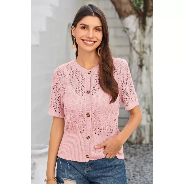 GRACE KARIN 2024 Womens Short Sleeve Cropped Cardigan Summer Lightweight Button Down Sweater Crochet Knit Bolero ShrugsLight Pink