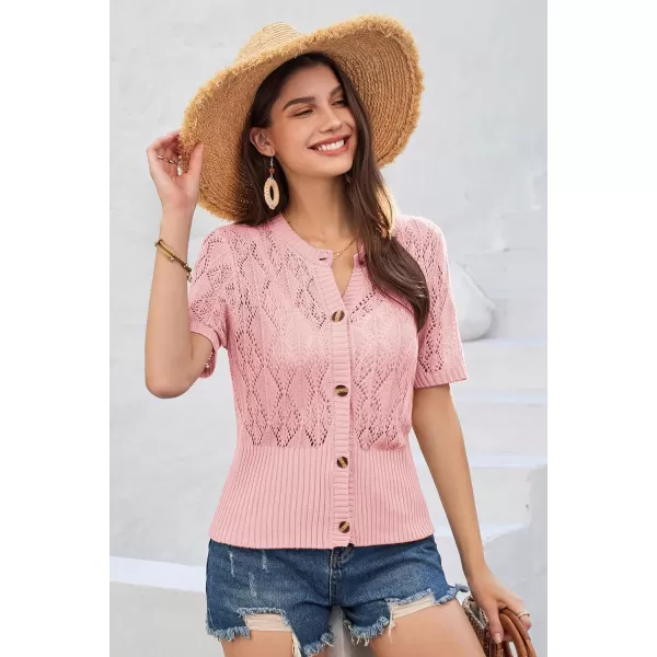 GRACE KARIN 2024 Womens Short Sleeve Cropped Cardigan Summer Lightweight Button Down Sweater Crochet Knit Bolero ShrugsLight Pink