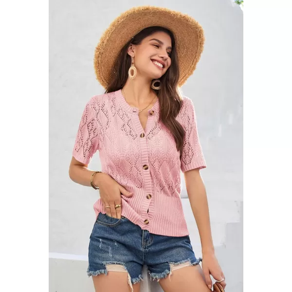 GRACE KARIN 2024 Womens Short Sleeve Cropped Cardigan Summer Lightweight Button Down Sweater Crochet Knit Bolero ShrugsLight Pink