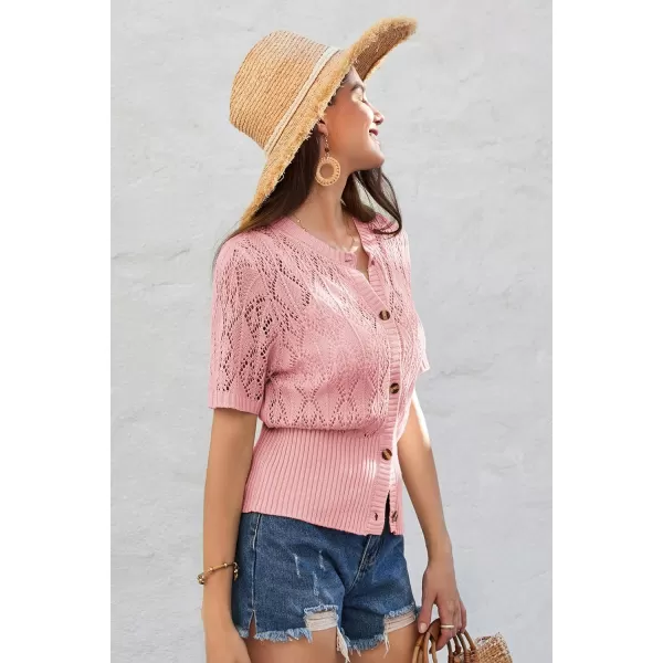 GRACE KARIN 2024 Womens Short Sleeve Cropped Cardigan Summer Lightweight Button Down Sweater Crochet Knit Bolero ShrugsLight Pink