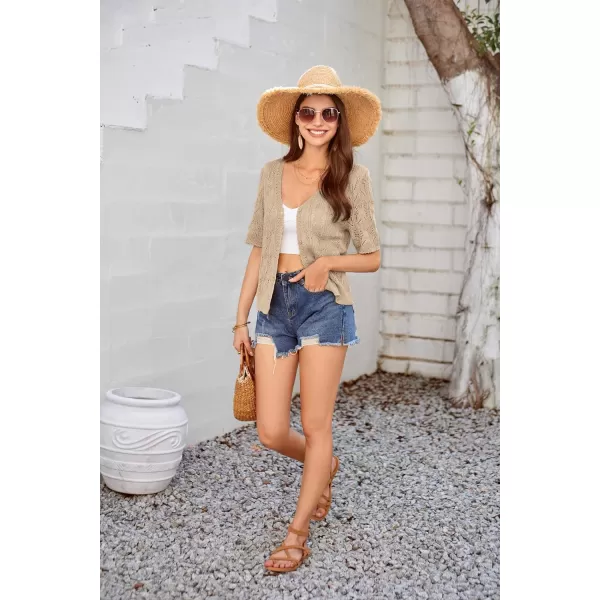 GRACE KARIN 2024 Womens Short Sleeve V Neck Cardigans Sweaters Open Front Knit Crochet Button Bolero Shrugs TopsApricot