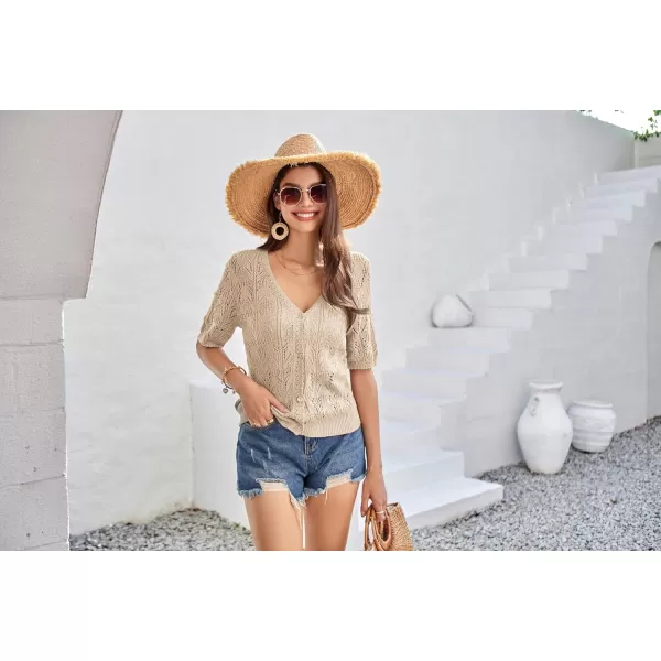 GRACE KARIN 2024 Womens Short Sleeve V Neck Cardigans Sweaters Open Front Knit Crochet Button Bolero Shrugs TopsApricot