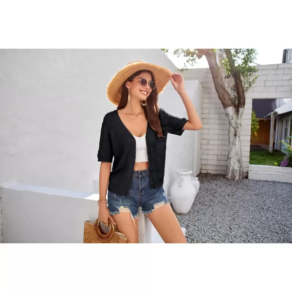 GRACE KARIN 2024 Womens Short Sleeve V Neck Cardigans Sweaters Open Front Knit Crochet Button Bolero Shrugs TopsBlack