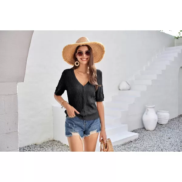 GRACE KARIN 2024 Womens Short Sleeve V Neck Cardigans Sweaters Open Front Knit Crochet Button Bolero Shrugs TopsBlack