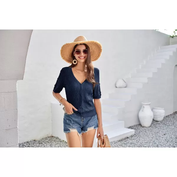 GRACE KARIN 2024 Womens Short Sleeve V Neck Cardigans Sweaters Open Front Knit Crochet Button Bolero Shrugs TopsDark Blue