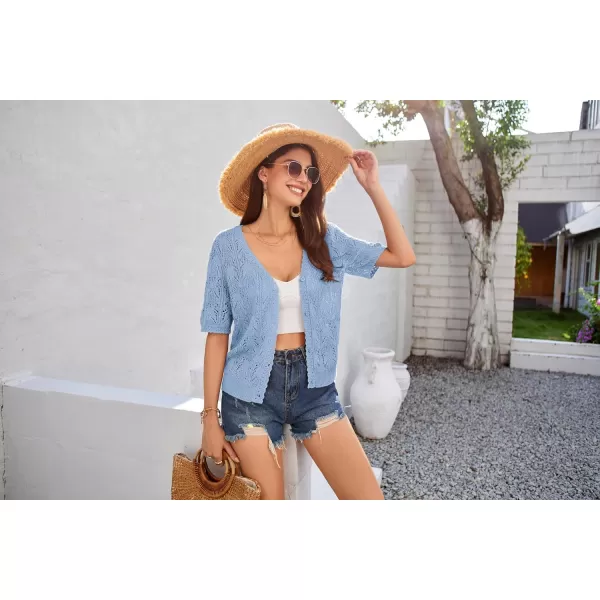 GRACE KARIN 2024 Womens Short Sleeve V Neck Cardigans Sweaters Open Front Knit Crochet Button Bolero Shrugs TopsLight Blue