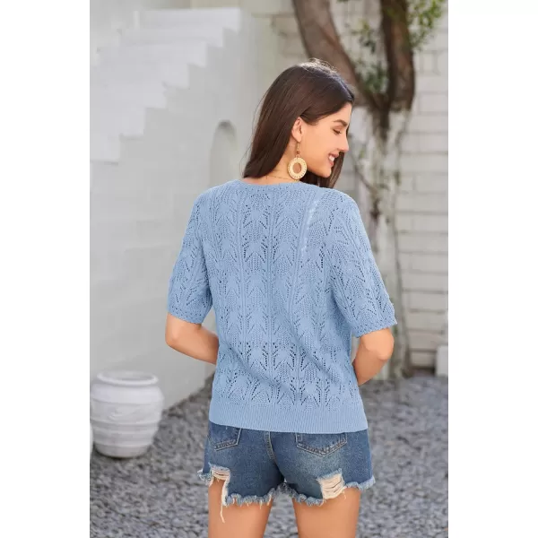 GRACE KARIN 2024 Womens Short Sleeve V Neck Cardigans Sweaters Open Front Knit Crochet Button Bolero Shrugs TopsLight Blue