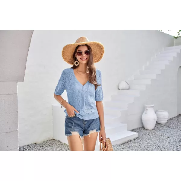 GRACE KARIN 2024 Womens Short Sleeve V Neck Cardigans Sweaters Open Front Knit Crochet Button Bolero Shrugs TopsLight Blue