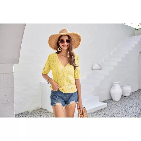 GRACE KARIN 2024 Womens Short Sleeve V Neck Cardigans Sweaters Open Front Knit Crochet Button Bolero Shrugs TopsYellow