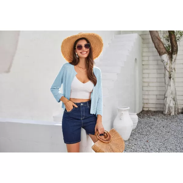 GRACE KARIN 2024 Womens Summer 34 Sleeve Lightweight Open Front Cropped Cardigan HollowedOut Shrug SweatersLight Blue