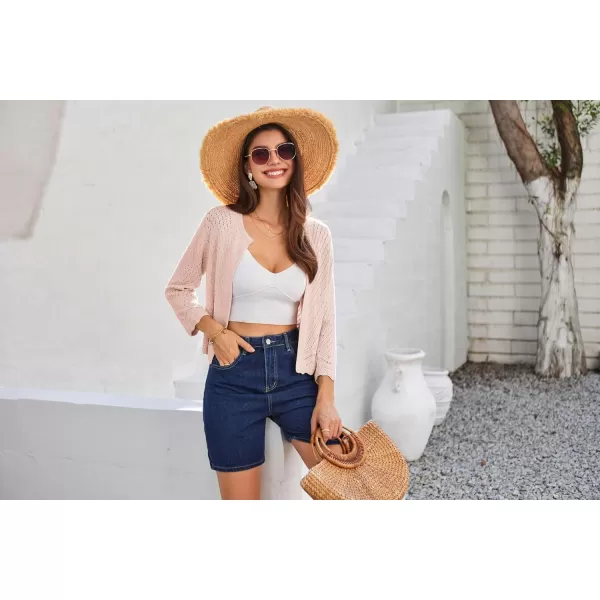 GRACE KARIN 2024 Womens Summer 34 Sleeve Lightweight Open Front Cropped Cardigan HollowedOut Shrug SweatersLight Pink