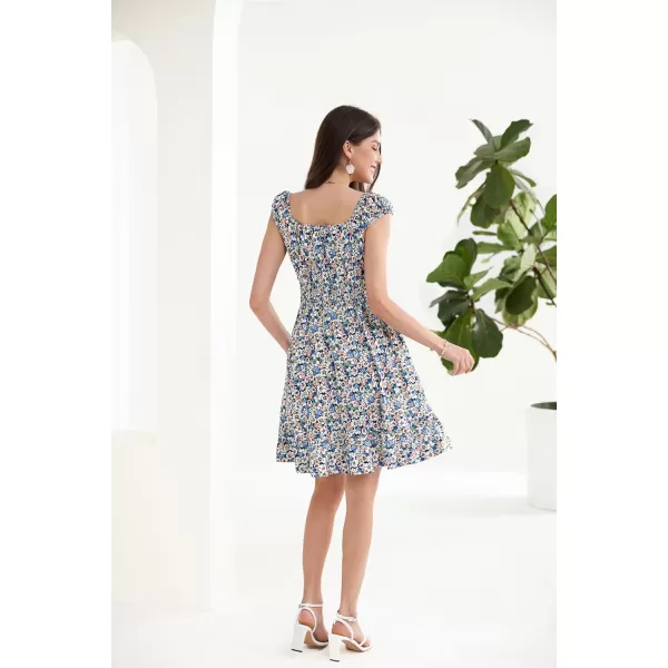 GRACE KARIN 2024 Womens Summer Floral Dress Cap Sleeve Smocked Flowy Short Dress Boho Flared Skater Mini DressesBlue Floral B