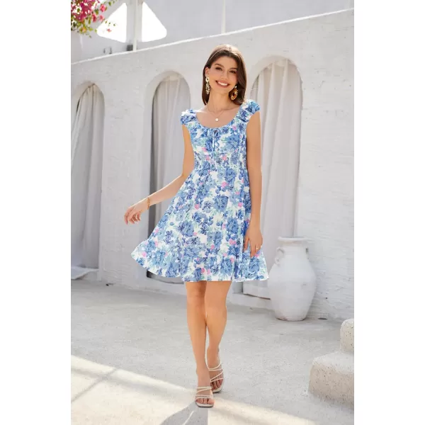 GRACE KARIN 2024 Womens Summer Floral Dress Cap Sleeve Smocked Flowy Short Dress Boho Flared Skater Mini DressesBlue Floral a