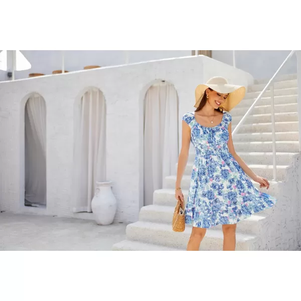 GRACE KARIN 2024 Womens Summer Floral Dress Cap Sleeve Smocked Flowy Short Dress Boho Flared Skater Mini DressesBlue Floral a