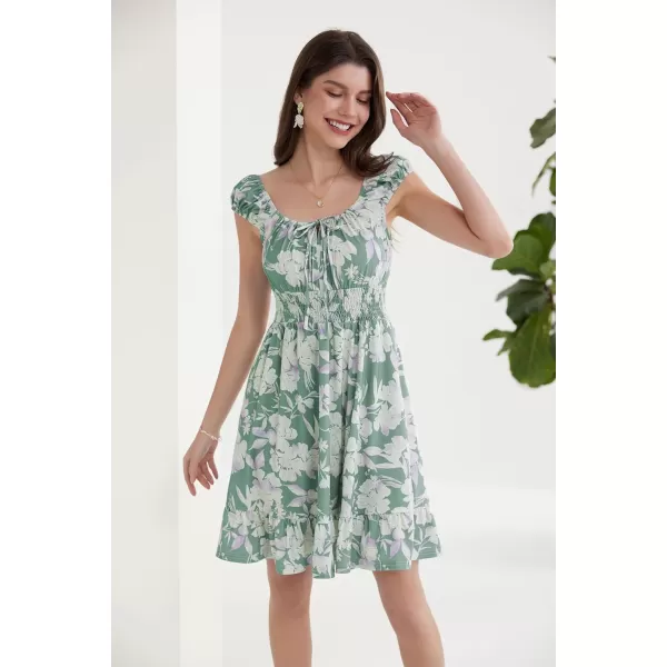 GRACE KARIN 2024 Womens Summer Floral Dress Cap Sleeve Smocked Flowy Short Dress Boho Flared Skater Mini DressesGreenampwhite Floral