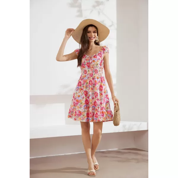 GRACE KARIN 2024 Womens Summer Floral Dress Cap Sleeve Smocked Flowy Short Dress Boho Flared Skater Mini DressesPink Floral