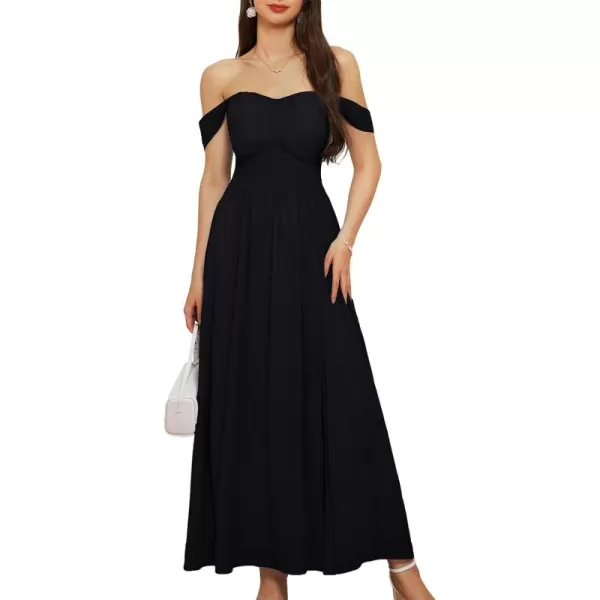 GRACE KARIN 2024 Womens Summer Floral Print Flowy A Line Dresses Sleeveless Smocked Off Shoulder Maxi DressBlack