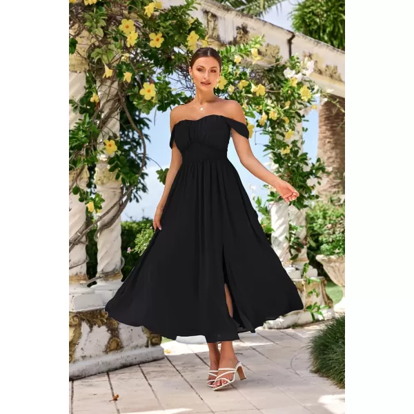 GRACE KARIN 2024 Womens Summer Floral Print Flowy A Line Dresses Sleeveless Smocked Off Shoulder Maxi DressBlack