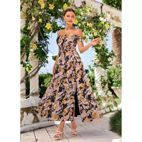 GRACE KARIN 2024 Womens Summer Floral Print Flowy A Line Dresses Sleeveless Smocked Off Shoulder Maxi DressBlack Yellow