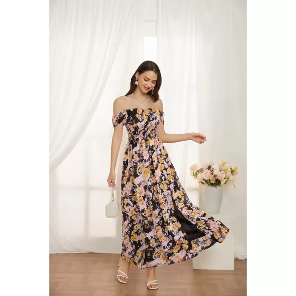 GRACE KARIN 2024 Womens Summer Floral Print Flowy A Line Dresses Sleeveless Smocked Off Shoulder Maxi DressBlack Yellow