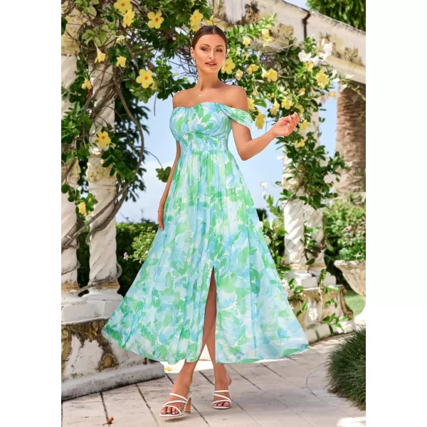 GRACE KARIN 2024 Womens Summer Floral Print Flowy A Line Dresses Sleeveless Smocked Off Shoulder Maxi DressBlue Green