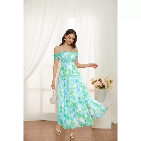 GRACE KARIN 2024 Womens Summer Floral Print Flowy A Line Dresses Sleeveless Smocked Off Shoulder Maxi DressBlue Green