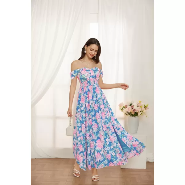 GRACE KARIN 2024 Womens Summer Floral Print Flowy A Line Dresses Sleeveless Smocked Off Shoulder Maxi DressBlue Pink