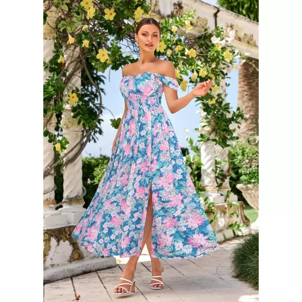 GRACE KARIN 2024 Womens Summer Floral Print Flowy A Line Dresses Sleeveless Smocked Off Shoulder Maxi DressBlue Pink