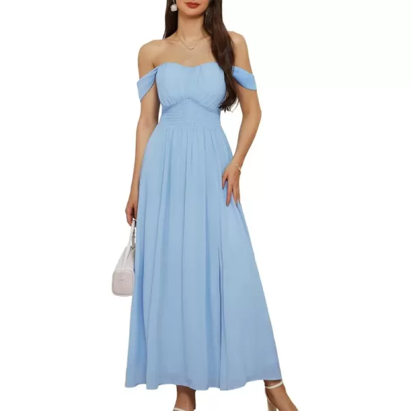 GRACE KARIN 2024 Womens Summer Floral Print Flowy A Line Dresses Sleeveless Smocked Off Shoulder Maxi DressLight Blue