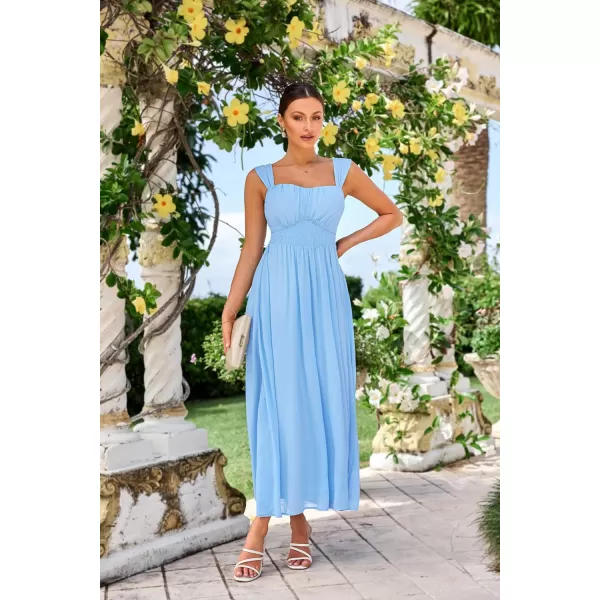 GRACE KARIN 2024 Womens Summer Floral Print Flowy A Line Dresses Sleeveless Smocked Off Shoulder Maxi DressLight Blue