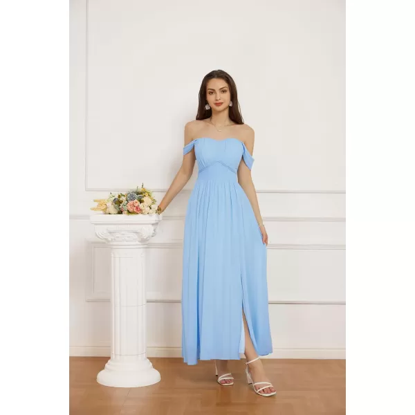 GRACE KARIN 2024 Womens Summer Floral Print Flowy A Line Dresses Sleeveless Smocked Off Shoulder Maxi DressLight Blue